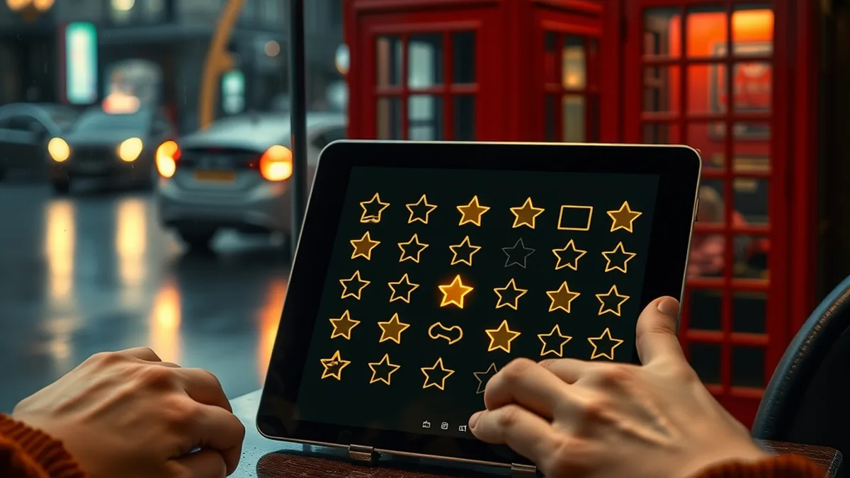 Tablet showing star ratings and speech bubbles beside casino chips