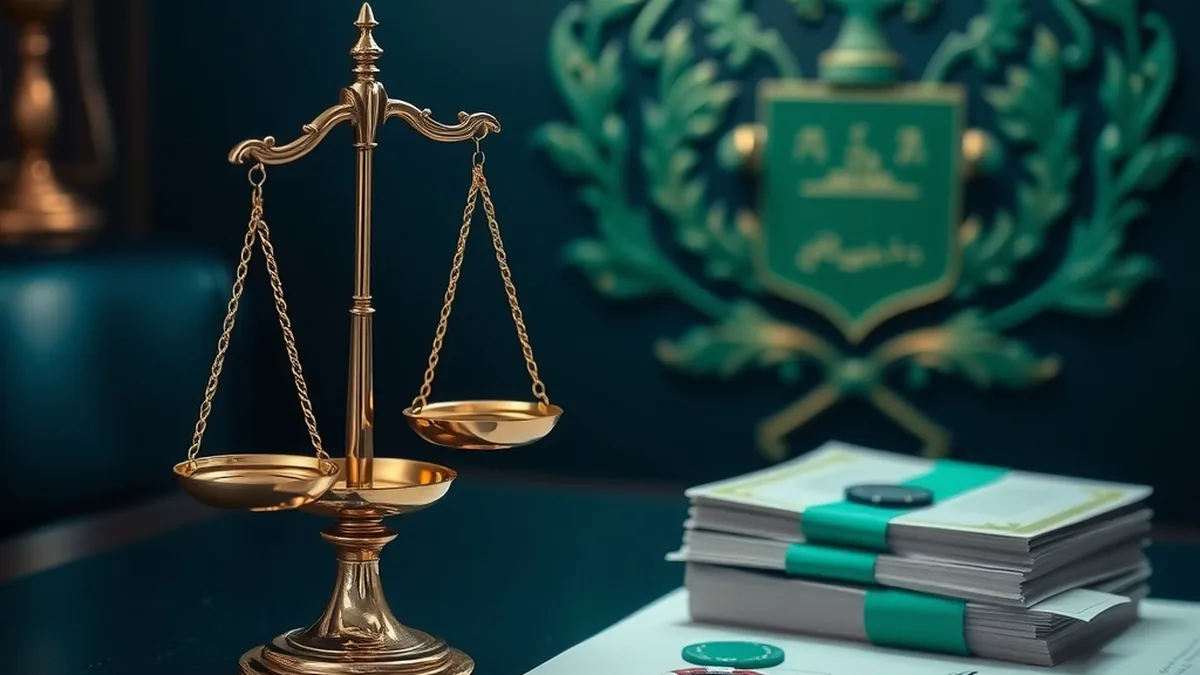 Scales, shield and sealed documents representing casino licence checks