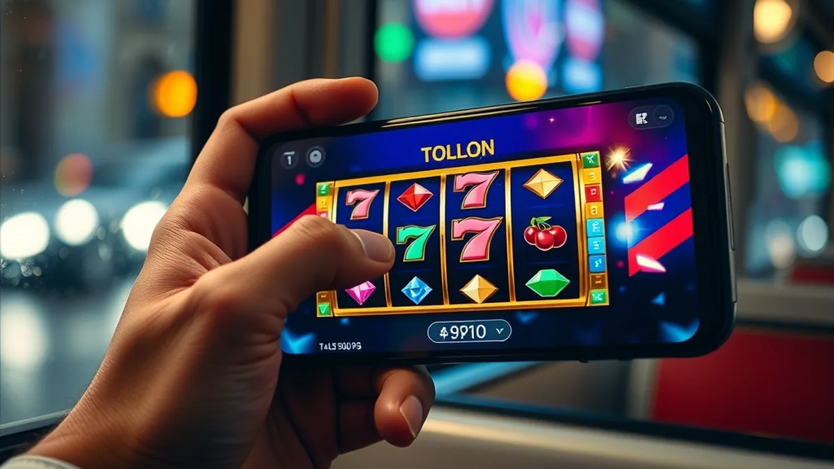 Smartphone showing slot reels, illustrating the Patrick Spins mobile app