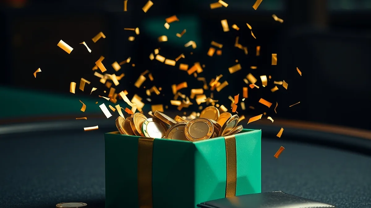 Open gift box with chips and confetti illustrating a no deposit bonus