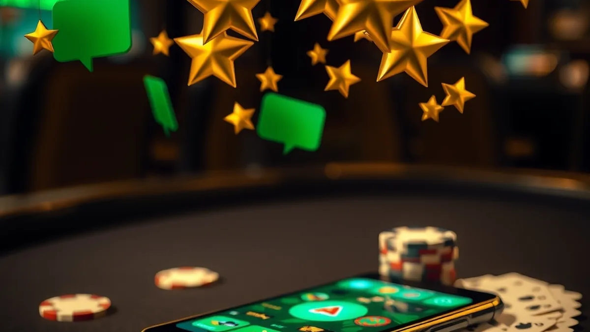 Gold rating stars and speech bubbles above a phone for Patrick Spins reviews