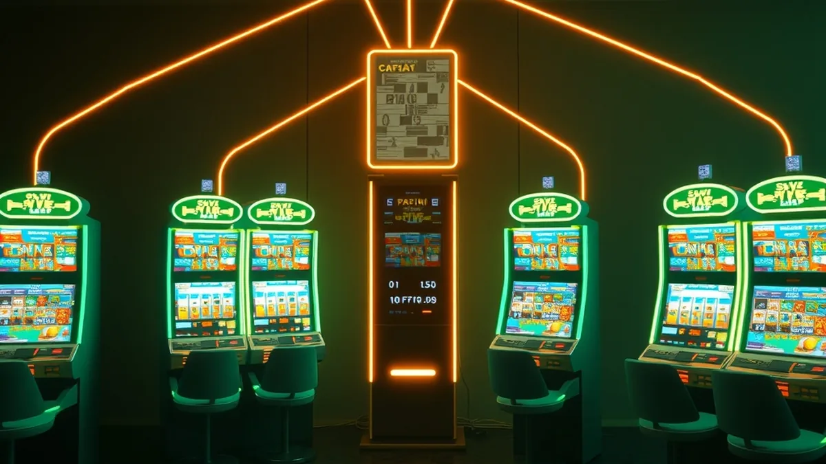 Connected slot cabinets sharing one platform, illustrating casino sister sites