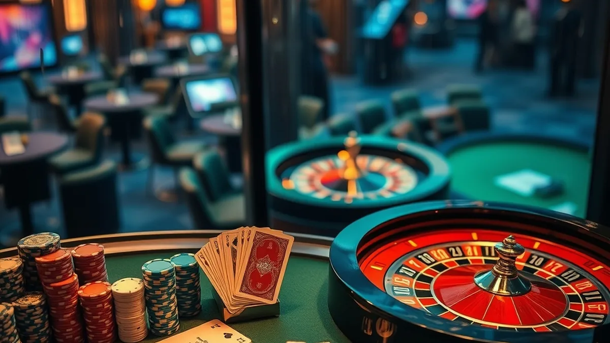 Casino table with chips, cards, dice and tablet showing a blurred lobby